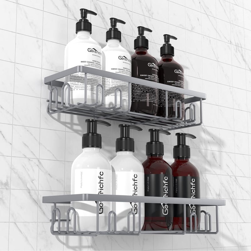 Getsrichfc 2025 New Adhesive Shower Caddy, Shower Shelves with 16 Hooks, Grey 2 Pack - Image 1